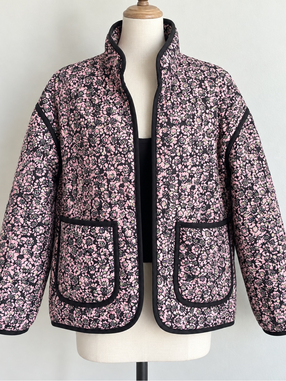 Pink Black Floral Quilted Jacket XS Reversible Open Front Cottagecore Coat
